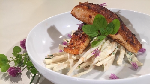 Kevin Dundon's blackened salmon with celeriac salad.