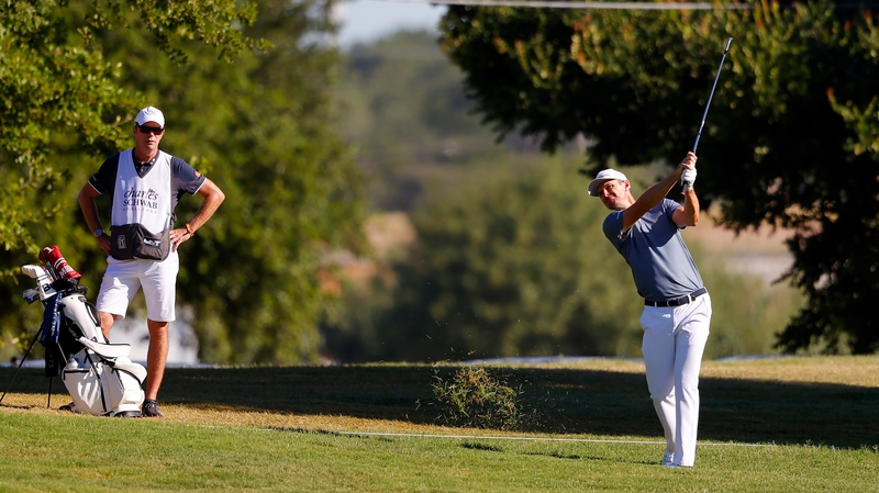 Justin Rose plays a shot on the 14th hole during the first round of the Charles Schwab Challenge