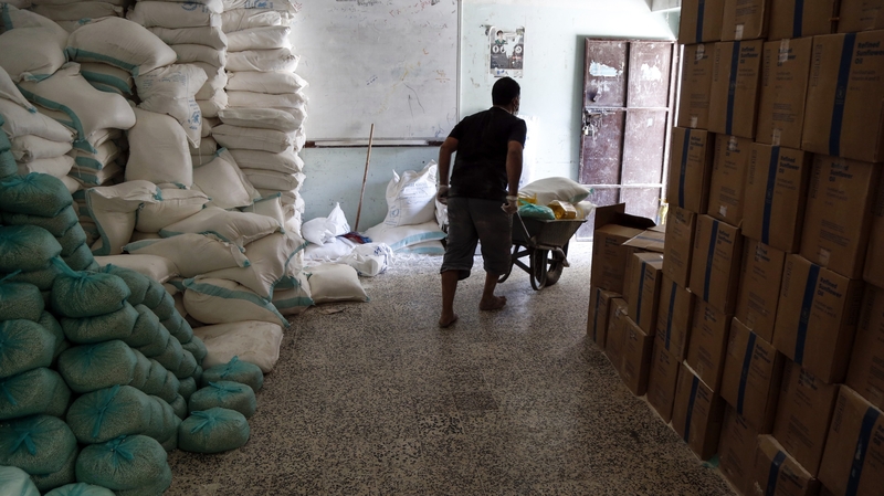 A warehouse in Yemen where food aid is stored