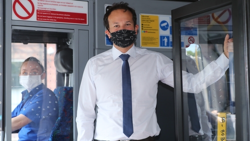 Taoiseach Leo Varadkar poses with a face covering on a bus last week