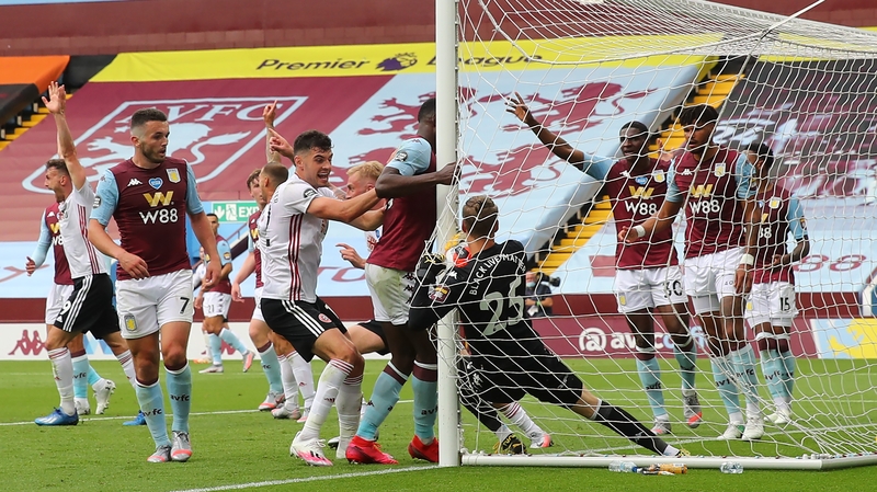 Orjan Nyland of Aston Villa fumbled and carried the ball behind the line but the Hawk-Eye cameras failed to spot the goal