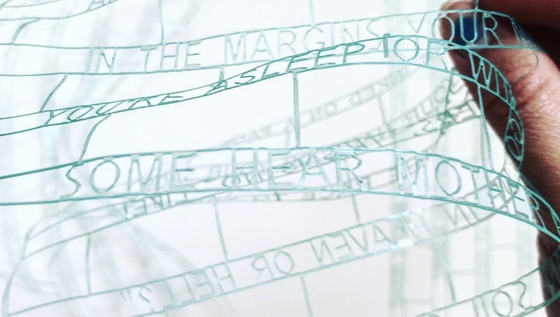 Poetry Net (I) is a poem cut out from recycled translucent plastic film, transforming it into lace-like structure of text reminiscent of nylon fishing nets