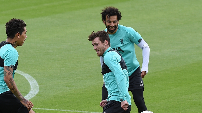 Roberto Firmino, Andy Robertson and Mohamed Salah training at Melwood