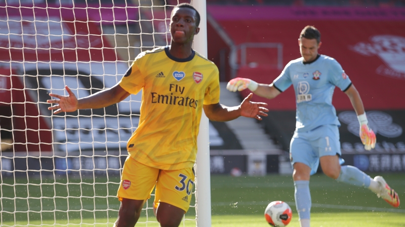 Eddie Nketiah celebrates scoring Arsenal's opener after an error by Alex McCarthy