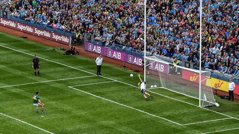 Dublin goalkeeper Stephen Cluxton saves a penalty from Kerry's Paul Geaney during last year's All-Ireland football final