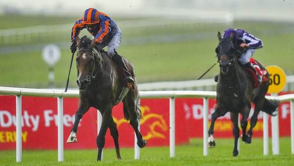 Santiago, left, with Seamie Heffernan wins the Dubai Duty Free Irish Derby