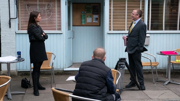 Milly Zero (Dotty) and Adam Woodyatt (Ian) practising social distancing on their first day back to filming