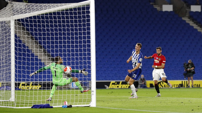Bruno Fernandes volleying home his second and Manchester United's third at the Amex