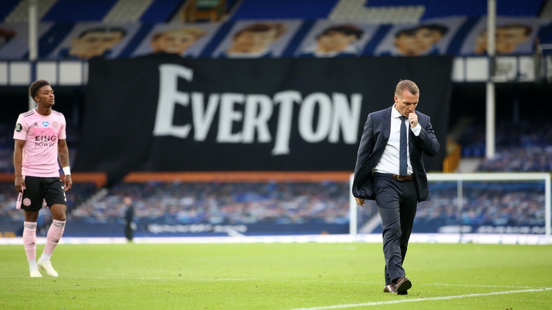 Leicester City manager Brendan Rodgers trudges off the Goodison pitch after the 2-1 defeat to Everton