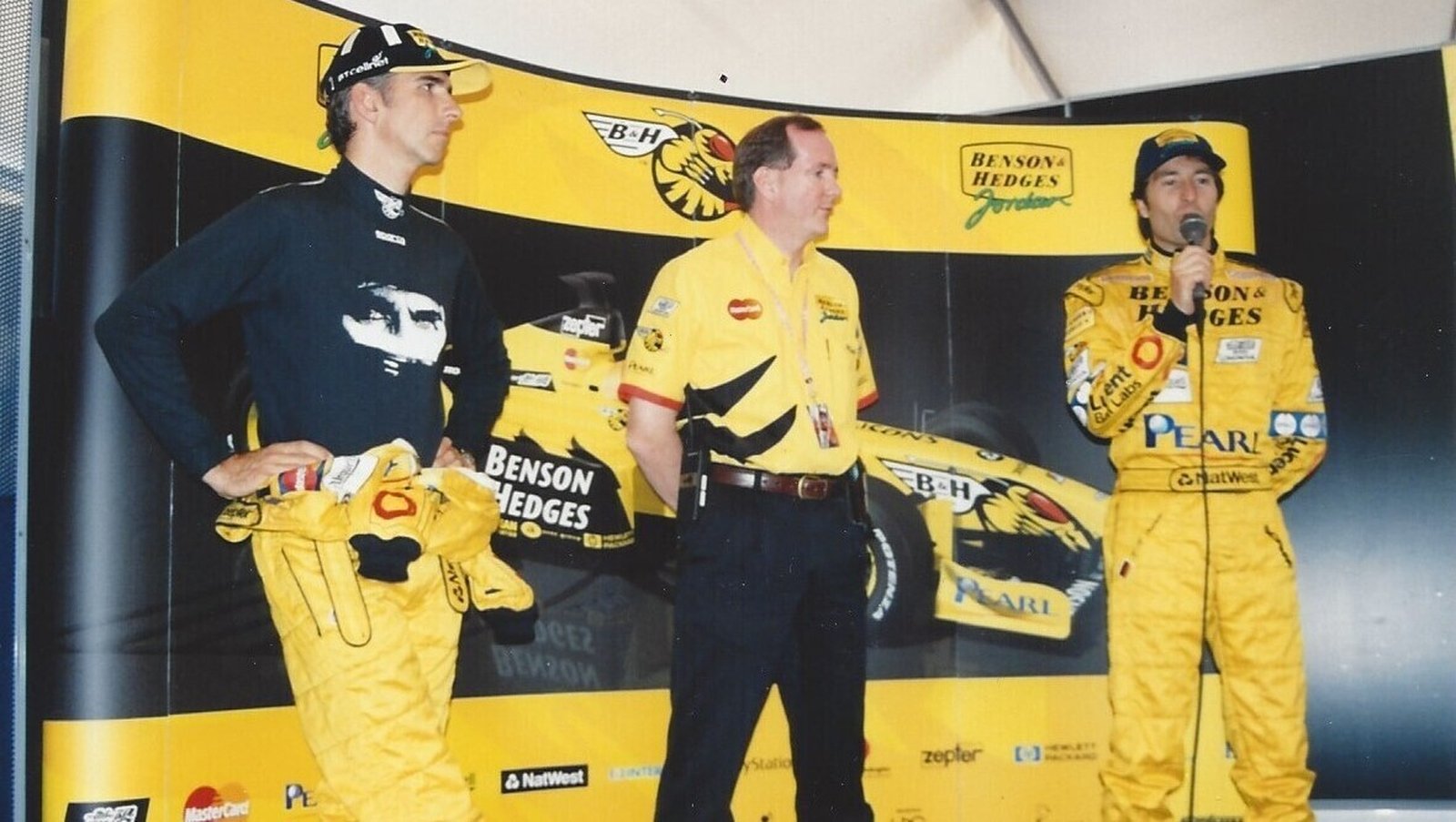 Mark Gallagher, centre, with Damon Hill and Heinz-Harald Frentzen