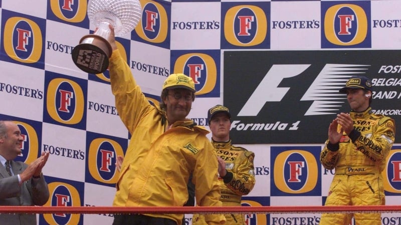 Eddie Jordan celebrates his team's first ever Formula 1 win after Damon Hill won the 1998 Belgian Grand Prix