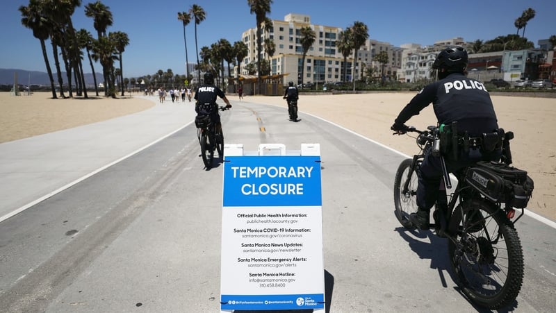 A closed beach in Santa Monica, California ahead of the 4th of July celebrations