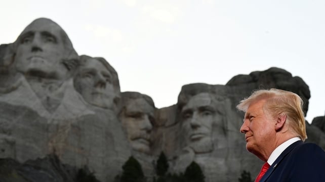Donald Trump at Mount Rushmore in South Dakota in July 2020 for a rally of his supporters, an event that drew 7,500 people, packed tightly into an amphitheatre
