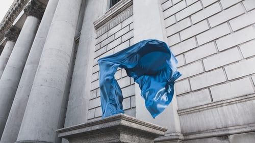 An model covered in fabric photographed on the O'Connell Plinth outside Dublin's City Hall