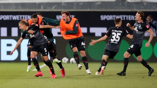 Ludwig Augustinsson of SV Werder Bremen celebrates his side's second goal