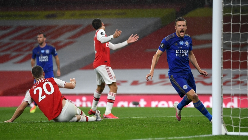 Jamie Vardy steers home Leicester City's 84th-minute equaliser at the Emirates