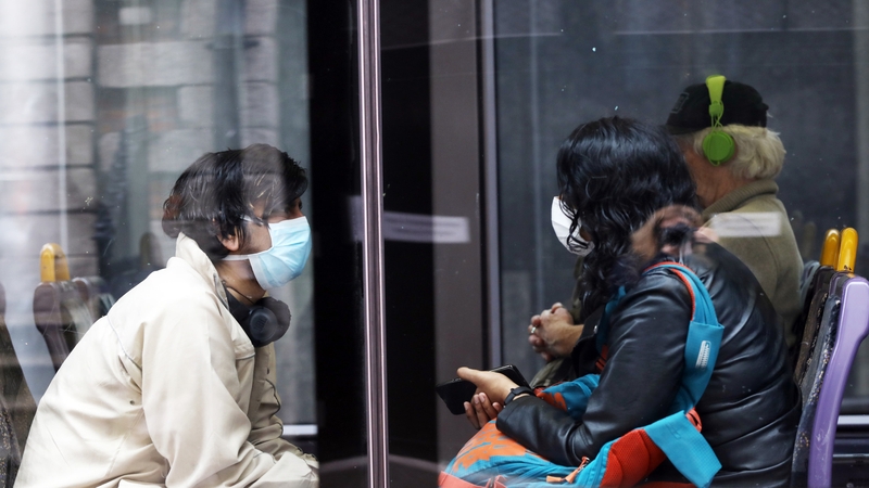 Luas passengers pictured wearing face coverings, which will be compulsory on public transport from Monday (file pic)