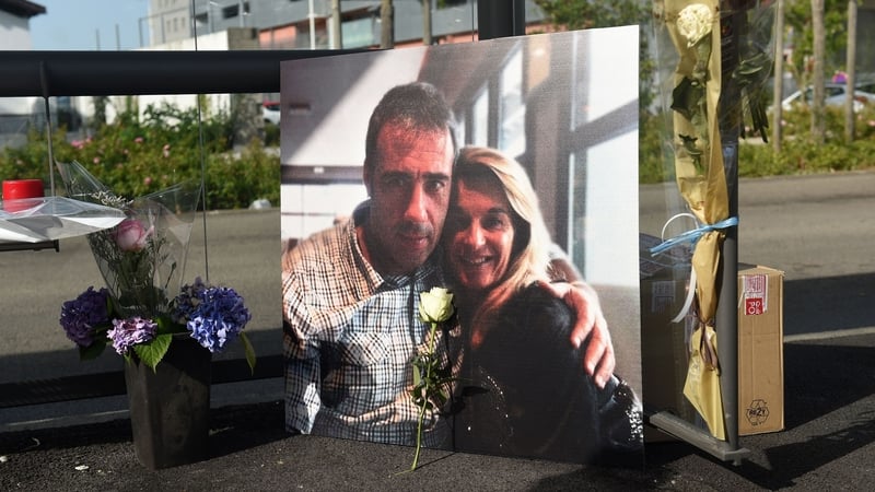 A photo of Philippe Monguillot and his wife Veronique in Bayonne, where locals left flowers in tribute to him