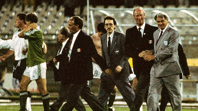Shaking hands with Bobby Robson after the 1-1 draw with England in Cagliari