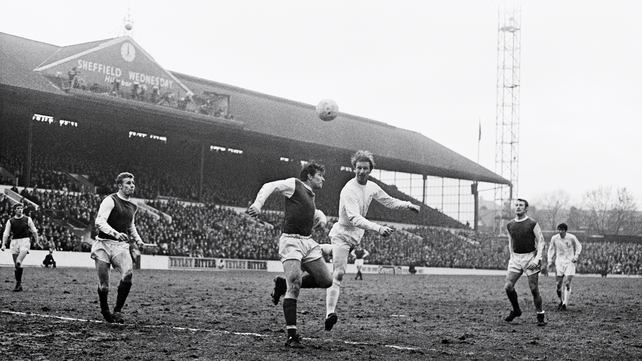 In action for Leeds in the FA Cup. Charlton was a one-club man, playing for Leeds from 1952 to 1973, winning the First Division title in 1968-69 and the FA Cup in 1972. He was a long-standing teammates of Irish great John Giles through much of that time