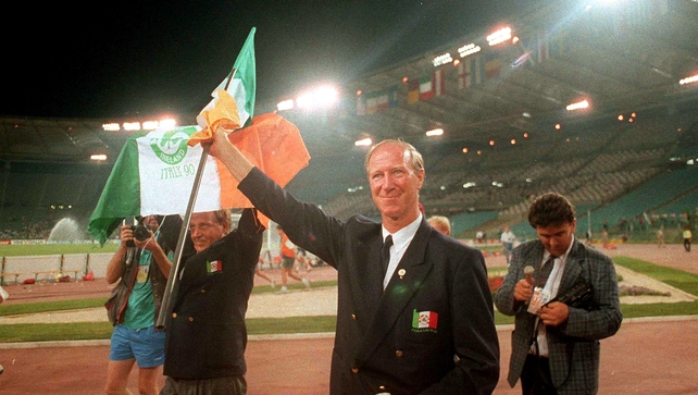 30 June 1990: Carrying the Irish flag around the Olympic Stadium after the team exited the World Cup "in gallant, storming fashion" at the quarter-final stage (Picture credit: Ray McManus)