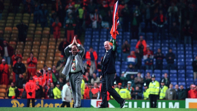 13 December 1995: Farewell - After a 2-0 defeat to Holland ended Ireland's Euro 96 qualification hopes, Jack Charlton salutes the Irish fans gathered on the Kop (Picture credit: David Maher)