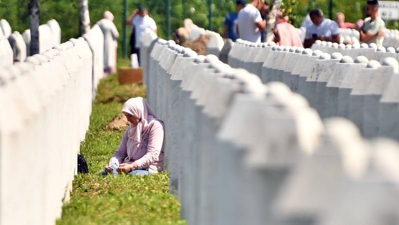 A Bosnian Muslim woman, survivor of the 1995 Srebrenica massacre, at a memorial just outside Srebrenica today, 25 years after the killings
