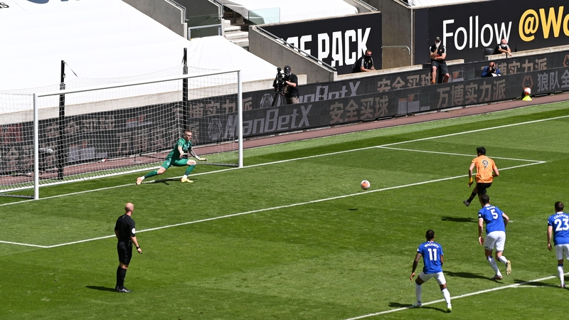 Raul Jimenez with Wolves' opening goal of the game against Everton