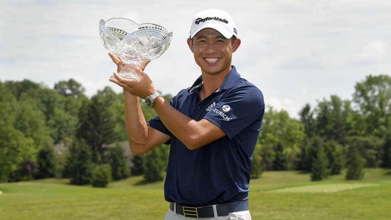 Collin Morikawa celebrates his play-off win