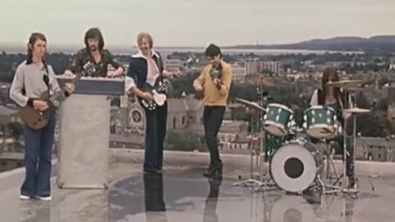 Horslips on the roof of Bank of Ireland on Baggot Street, Dublin (1976)