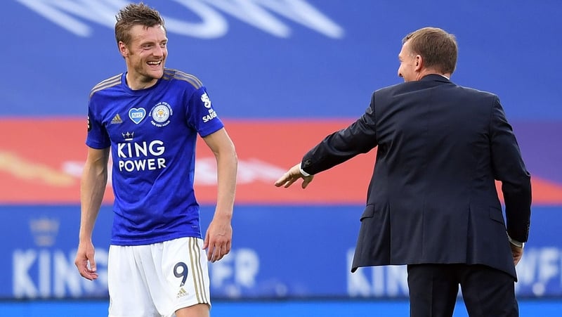 Leicester City manager Brendan Rodgers congratulates striker Jamie Vardy at the full-time whistle