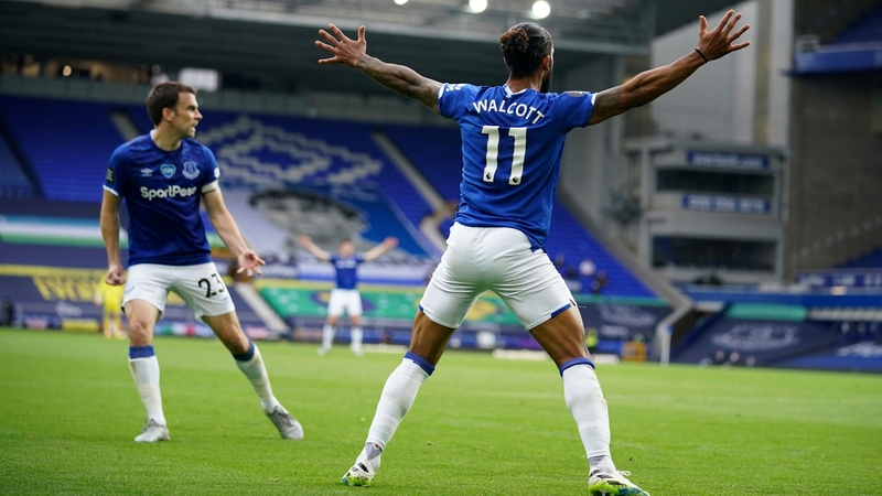 Theo Walcott celebrates his late equaliser for Everton