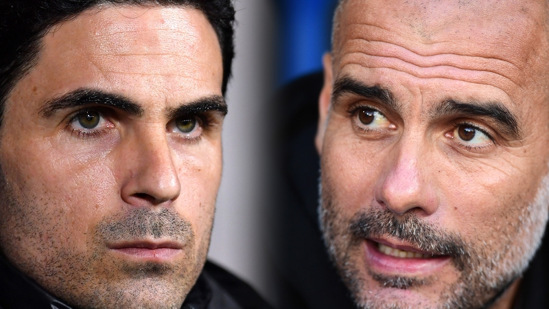 Former colleagues Mikel Arteta (L) and Pep Guardiola pit their wits against each other in the title race tomorrow