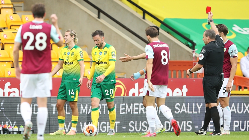 Norwich City finished with nine men in their 2-0 home defeat to Burnley