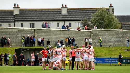 Supporters take their places on a wall of a neighbouring estate ahead of a Wexford Hurling Championship match