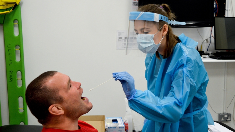 Ulster and Ireland prop Jack McGrath is given a Covid-19 test by a healthcare worker during an Ulster training session