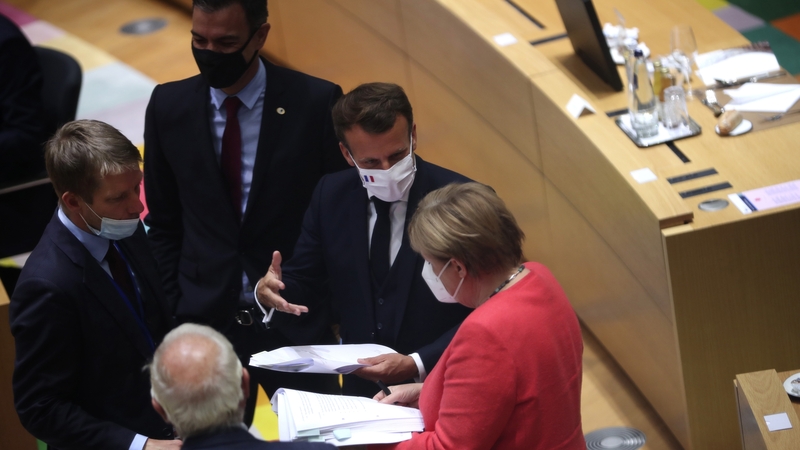 Angela Merkel, Emmanuel Macron and Pedro Sanchez pictured during the negotiations
