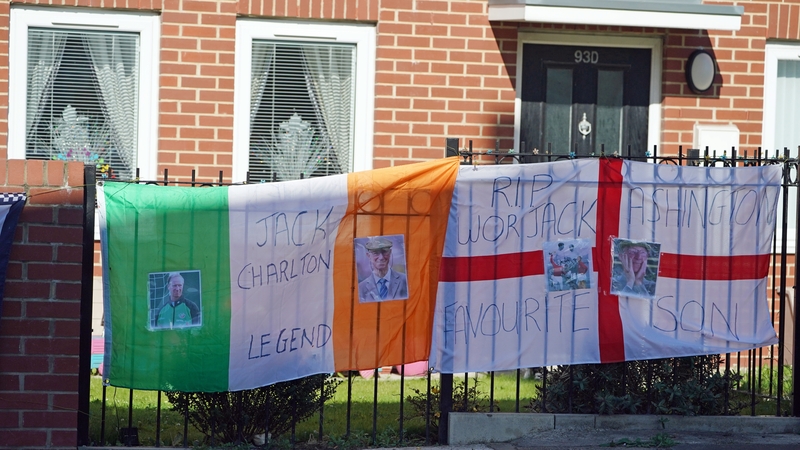 A selection of flags outside a house in Ashington in Northumberland