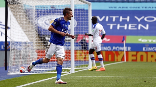 Jamie Vardy celebrates hitting the century mark against Palace