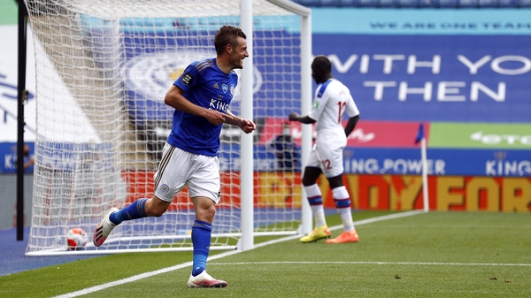Jamie Vardy celebrates hitting the century mark against Palace