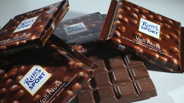 Ritter Sport's chocolates are packed in a plastic folio with two openings along the sides and an opening running down the back