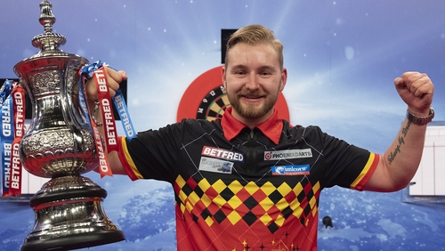 Dimtri Van den Bergh threw a 170-checkout in his win over Gary Anderson. Credit: Lawrence Lustig/PDC