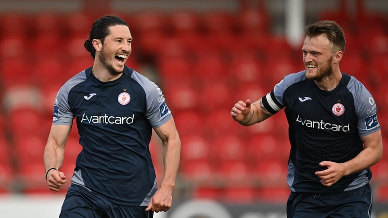 Ronan Coughlan of Sligo Rovers celebrates with team-mate David Cawley after scoring his side's second goal