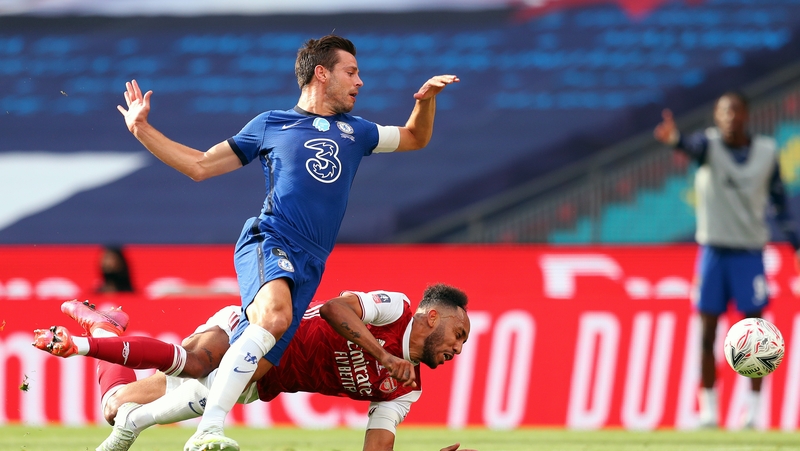 Cesar Azpilicueta fouls Pierre-Emerick Aubameyang in Saturday's final