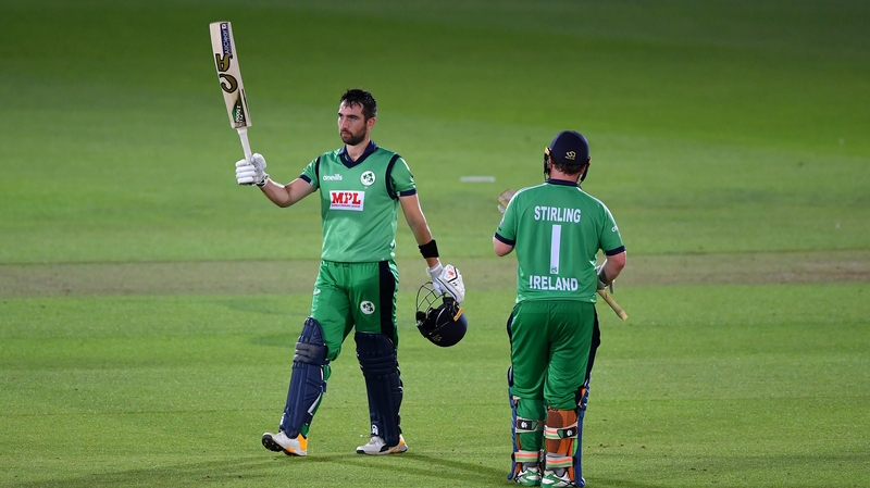 Balbirnie celebrates reaching his century watched on by Paul Stirling