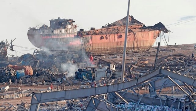 The wreckage of a ship is seen following the explosion at the city's port. President Michel Aoun said that 2,750 tonnes of ammonium nitrate, used in fertilisers and bombs, had been stored for six years at the port without safety measures