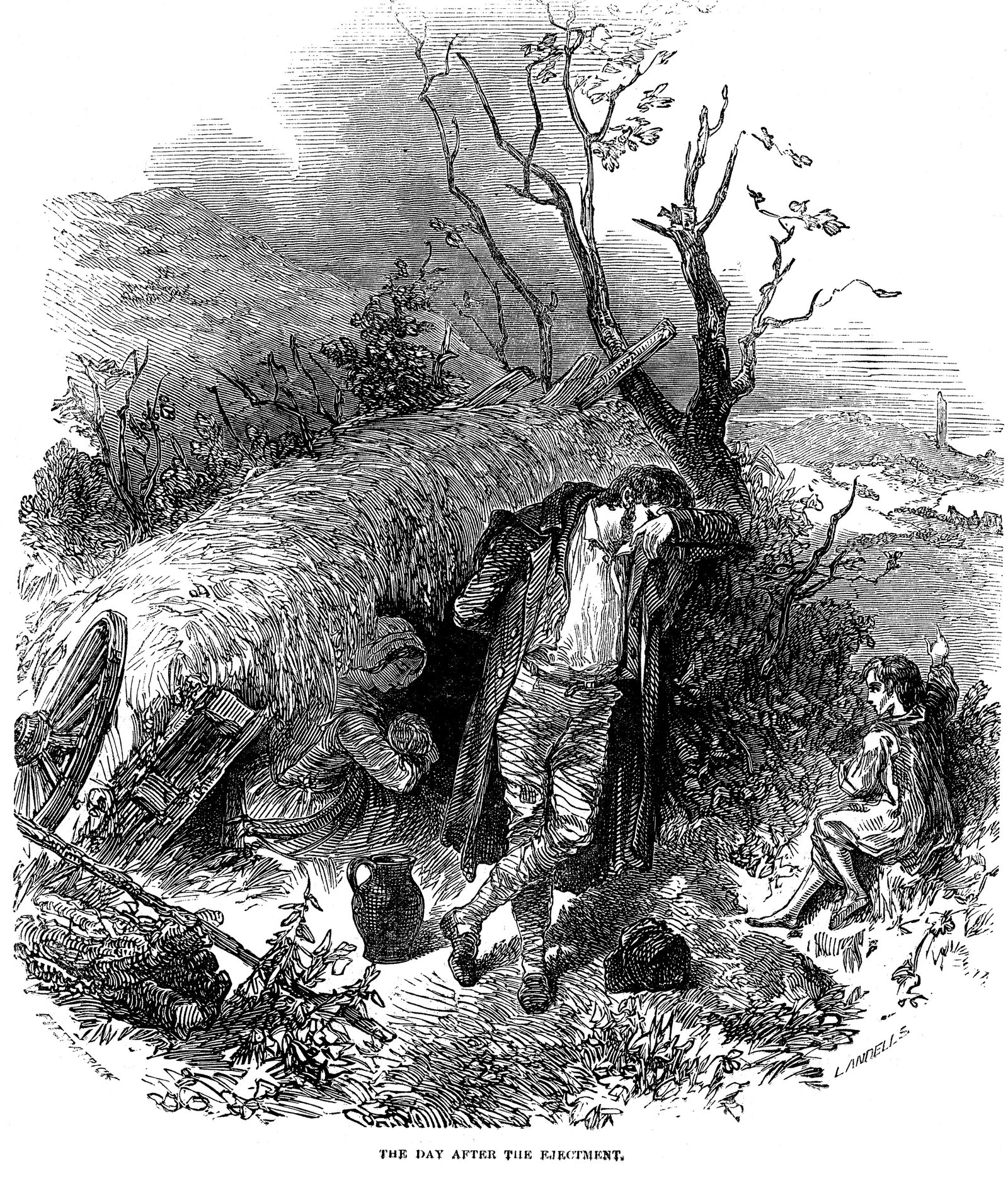An evicted family finding shelter in a hedgerow the day after eviction from their cottage. From The Illustrated London News, December 1848. Wood engraving. Source: Ann Ronan Pictures/Print C