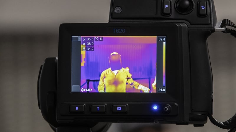 A thermal camera checks the body temperature at Manuel Márquez de León airport in Mexico