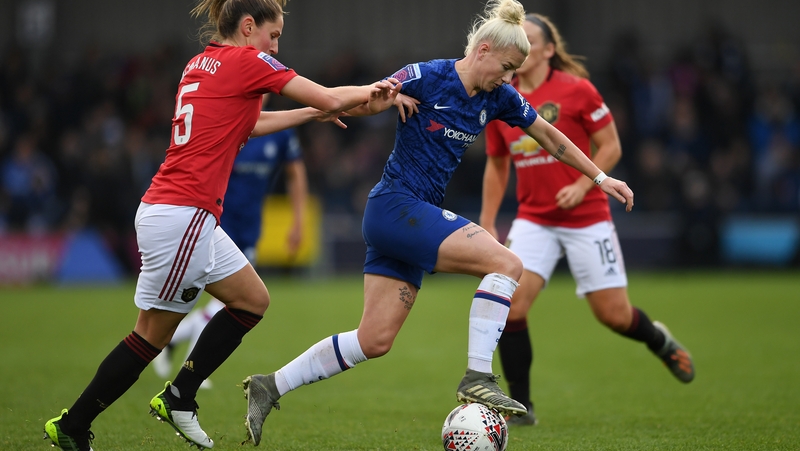 Chelsea's Bethany England is challenged by Abbie McManus of Manchester United during the Women's Super League match between the two sides at Kingsmeadow last season