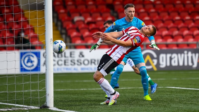 Derry City defender Colm Horgan deflects the ball into his own net for Shamrock Rovers' opening goal